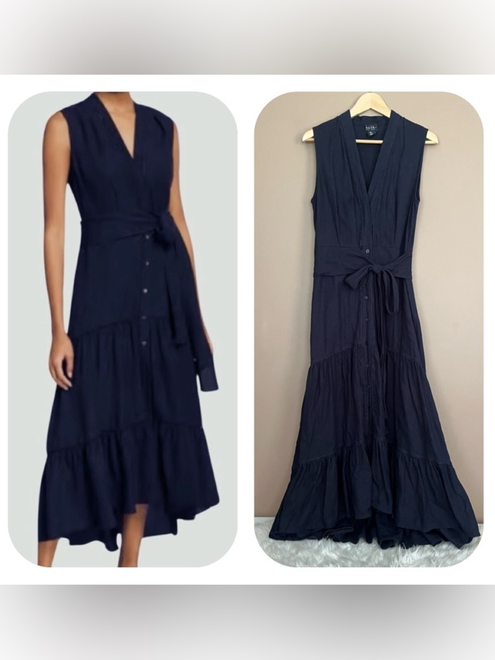{Nicole Miller} Linen Blend Sleeveless Tiered Midi Maxi Dress in Navy - Small